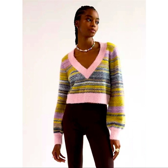 Sunday Best Multicolor Cropped deep V-Neck Teddy Sweater Indie Pop size S - Picture 1 of 12